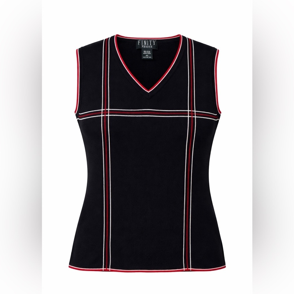 Finity Petite Sweater Vest Size PL Black Red White Plaid V-Neck Knit